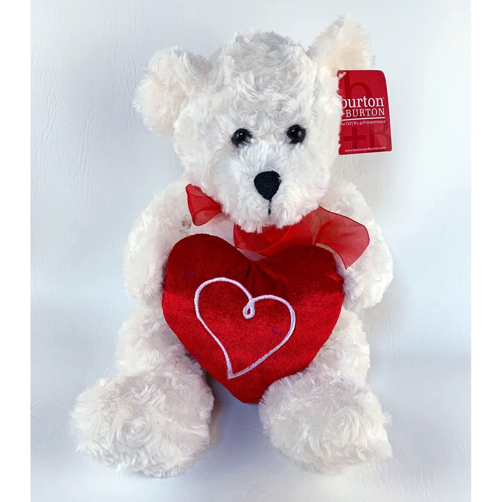 Burton and Burton White Teddy Bear Plush Red Heart Bow Valentines Day 14 Inch